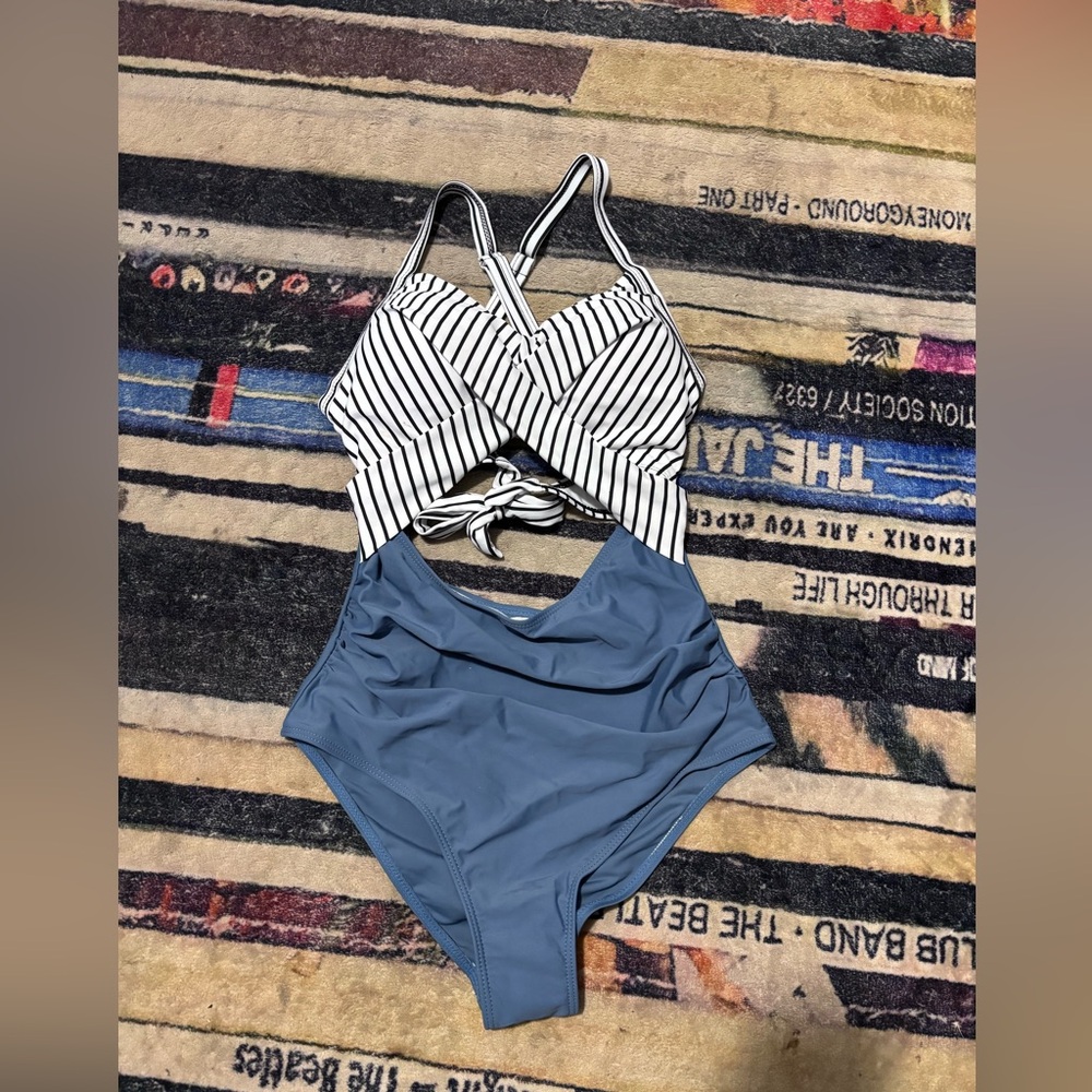 Striped and Blue One-Piece Swimsuit small
